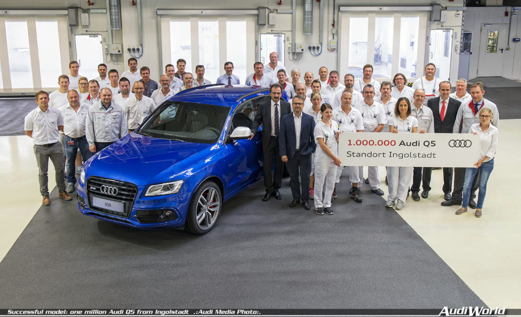 A production milestone has been reached at the Audi plant in Ingolstadt: The millionth Audi Q5 drove off the assembly line at Audi’s main plant in Ingolstadt. Employees and management are pleased about the SUV-models’ international success.  Picture: Plant Director Albert Mayer (front right next to the anniversary car) and Chairman of Audi’s General Works Council Peter Mosch (on Mr Mayer’s right) with A4/A5/Q5 production employees.