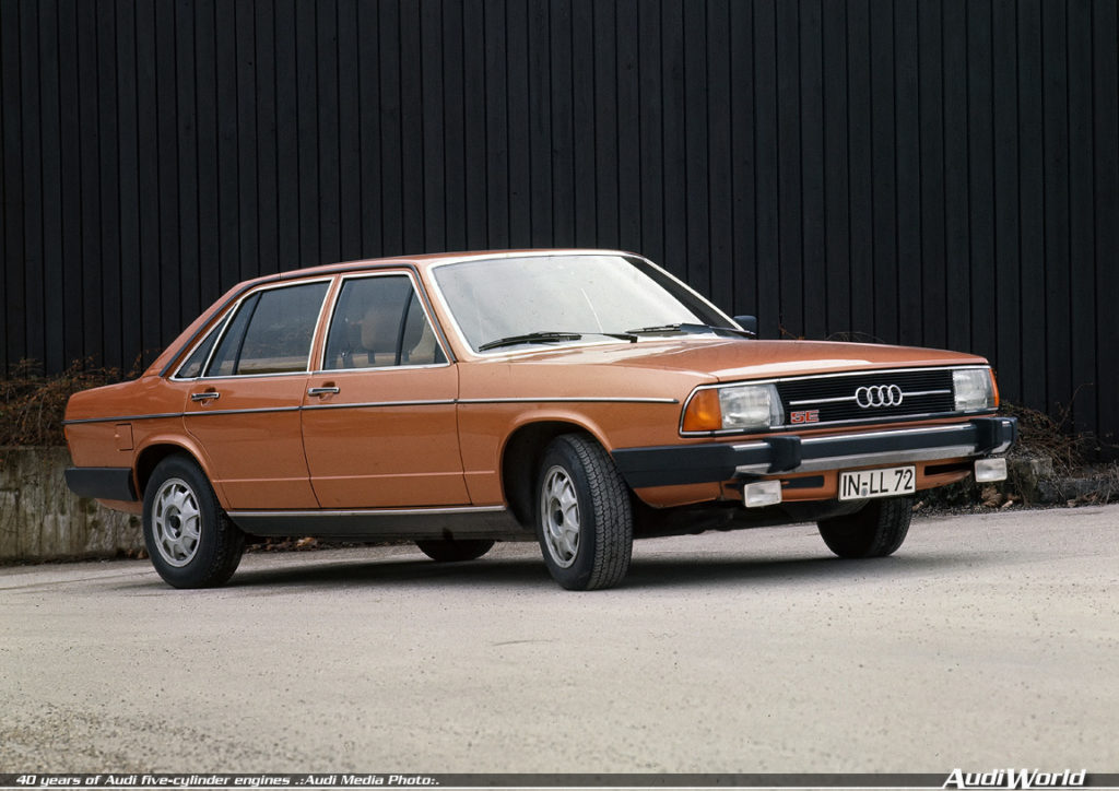 1976: first five-cylinder gasoline engine in the automotive industry: In August 1976, Audi introduces the second-generation Audi 100 (C2) in Luxembourg. For the first time, power is provided by a five-cylinder gasoline engine in a model from the brand with the four rings. The fuel-injected engine with a displacement of 2,144 cc develops 110 kW (136 hp) at 5,700 revolutions per minute. The maximum torque of 185 newton meters (136.45 lb-ft) is available at 4,200 rpm. The market launch of the Audi 100 (C2) follows in March 1977. From September 1979, the five-cylinder engine is also available in the Audi 200; from August 1982, it is fitted in the successor to the C2, the Audi 100 C3.