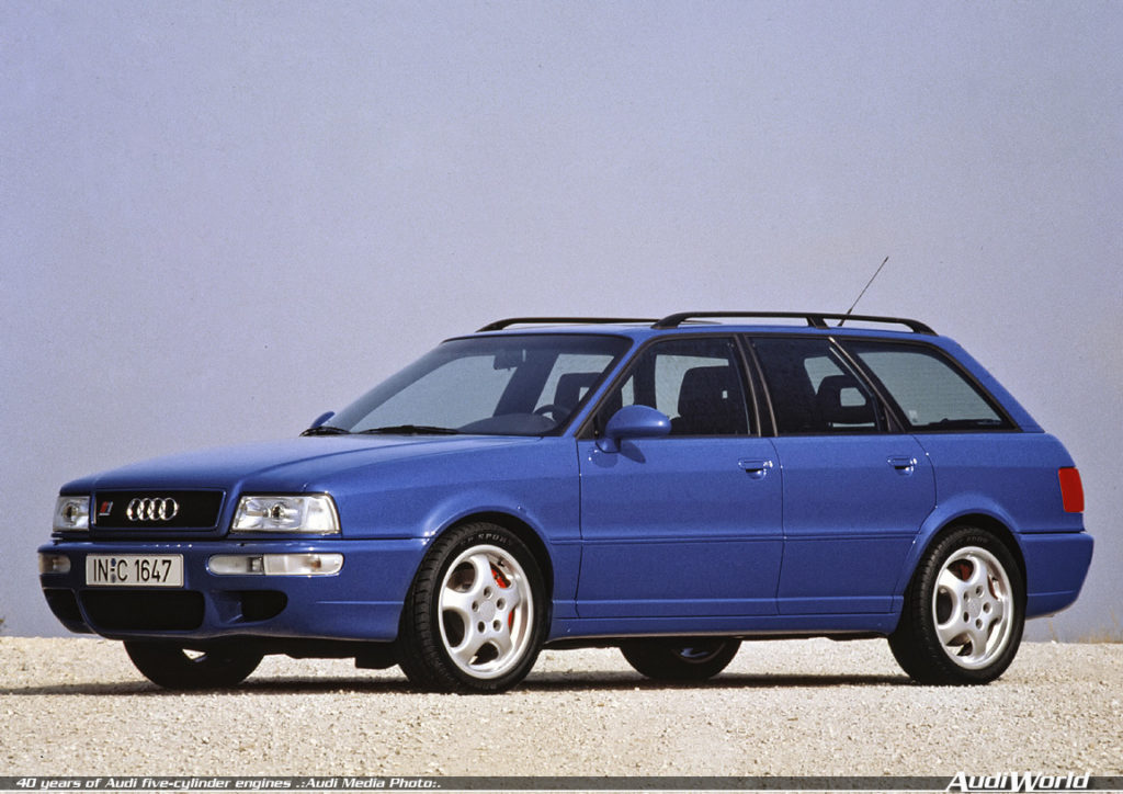 1994: first five-cylinder RS engine: In 1994, the most powerful five-cylinder production engine built by Audi to date goes into action in the Audi Avant RS 2 (B4). With turbocharging, fuel injection and standard-fit emissions control, it produces 232 kW (315 hp) at 6,500 revolutions per minute from a displacement of 2,226 cc and delivers 410 newton meters (302.40 lb-ft) of torque at 3,000 rpm.