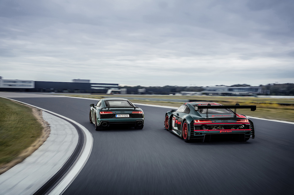 Audi R8 Green Hell Edition and Audi R8 LMS Race Car rear