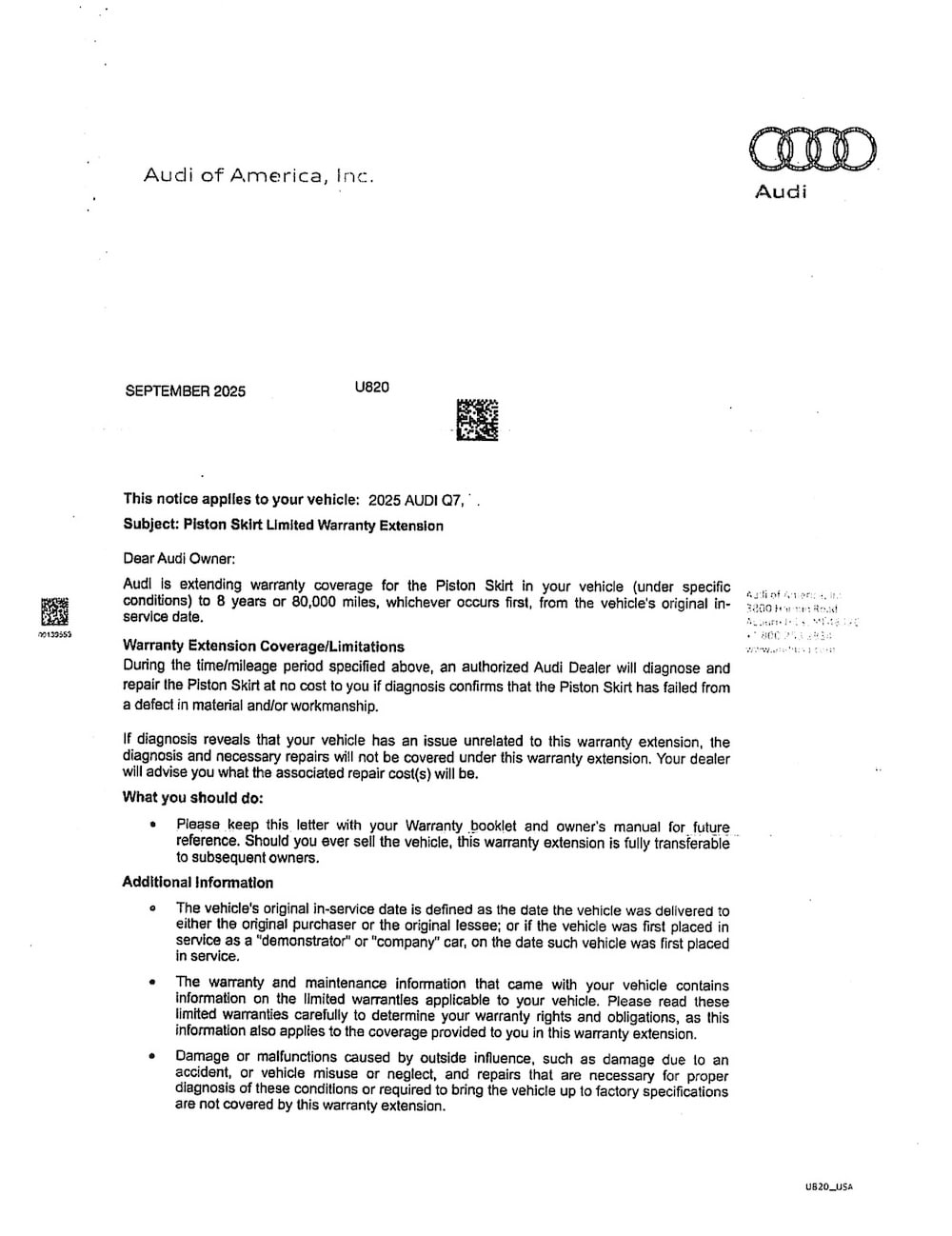 Audi EA839 Piston Skirt Warranty Extended to 8 Years, 80K Miles